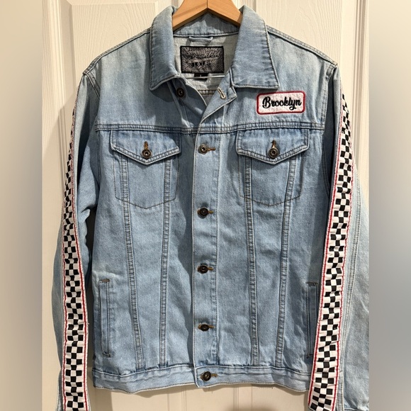Brooklyn Cloth Light Blue Denim Moto Jacket with Checkered Sleeves - Picture 1 of 6